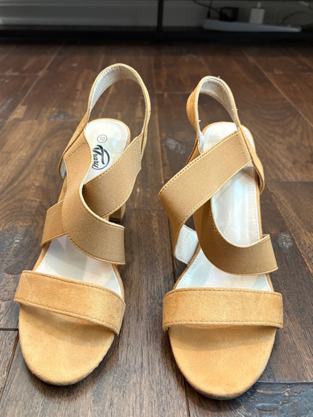 Trary Camel Crisscross Elastic Slingback Heels